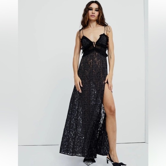 For Love & Lemons Dress Women's Xl Lelia Black Polka Dot Lace Ruffles Maxi